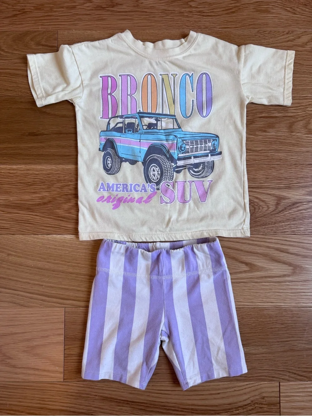Ford Cream Bronco Graphic Tee with Purple Striped Shorts